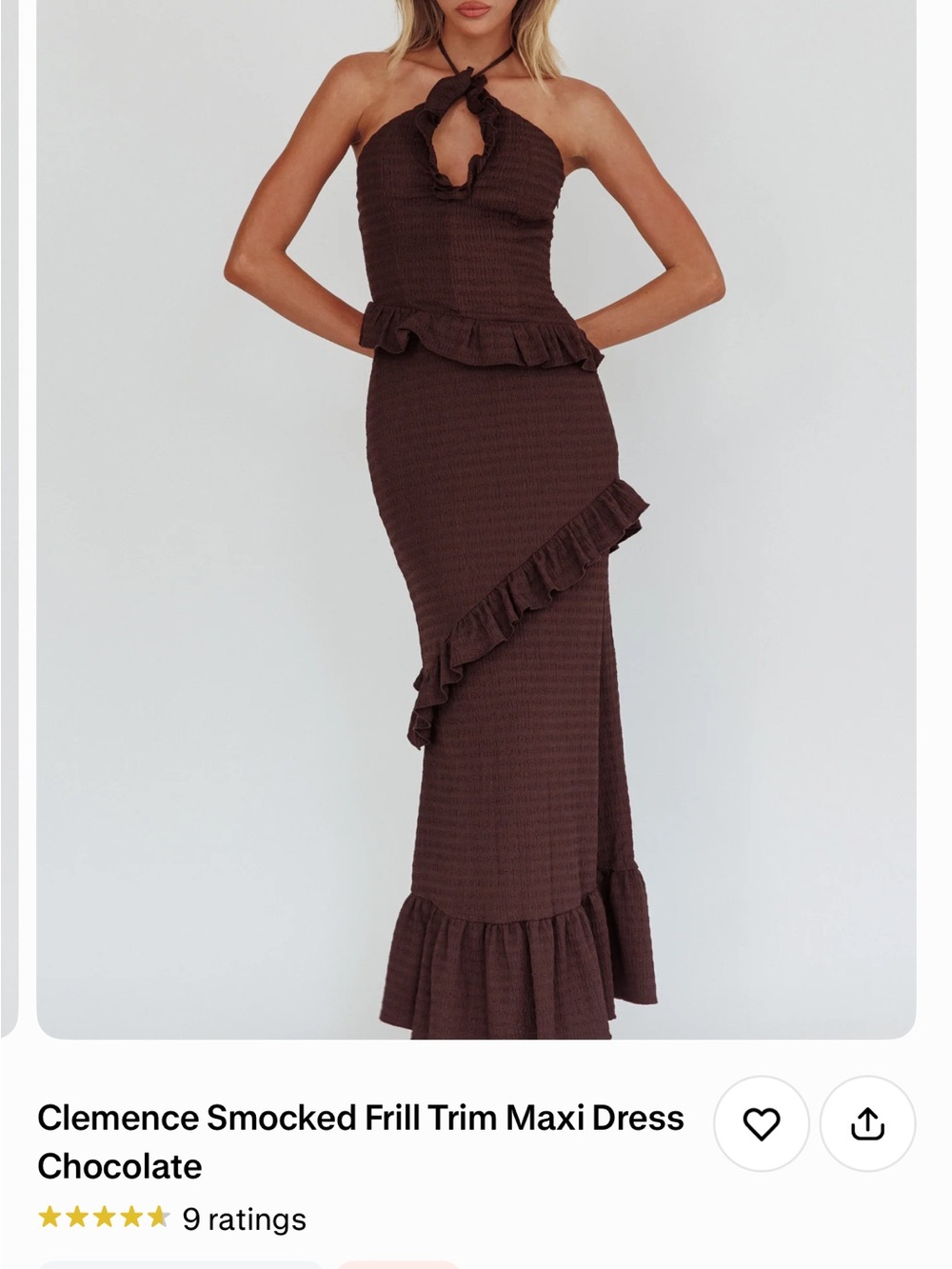 Selfie Leslie Chocolate Smocked Halter Midi with Ruffle Trim
